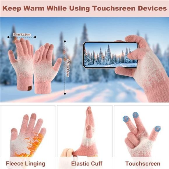𝅺winter Knitted Warm Set Scarf and Hat Touch Screen Gloves Pink - Picture 4 of 7